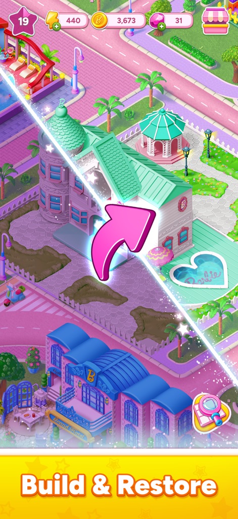 Barbie™ Merge Mystery - Users can actively participate in town development, observing animated building upgrades and the restoration of lush green roofs on properties.