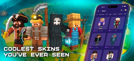 Mods, Skins for Minecraft PE - Peruse the app's expansive skin selection, neatly categorized into options like 'Monsters' and 'Milit', and witness unique character designs like the grim reaper and a classic farmer.