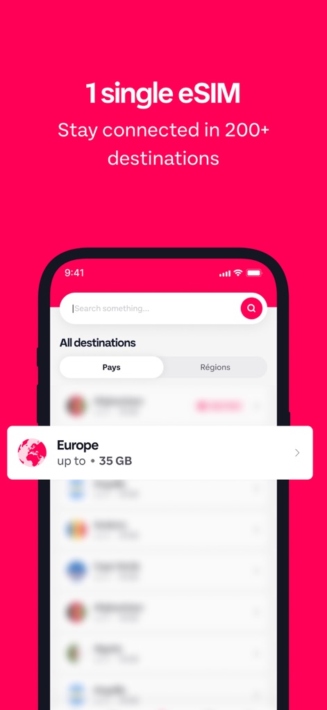 GoMoWorld: Travel eSIM | Data - Users can effortlessly explore "All destinations" and view regional options, such as "Europe" offering generous data plans like "35 GB."