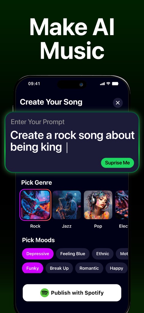 Banger for Artists: AI Music - Users can easily create songs by entering a textual prompt and selecting from diverse genre and mood options.