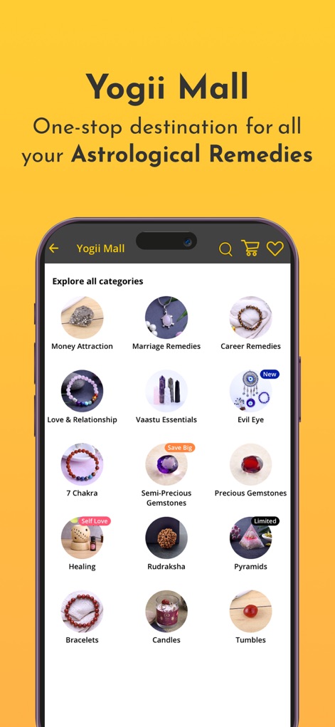 Astroyogi | Astrology & Kundli - Users can explore the dedicated Yogii Mall within the app, offering a range of astrological remedies from 'Money Attraction' to 'Precious Gemstones'.