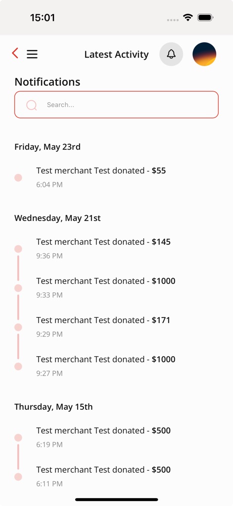 RAISE365 - The 'Latest Activity' screen allows users to search 'Notifications' and view a chronological feed of recent donations received by the fundraiser.