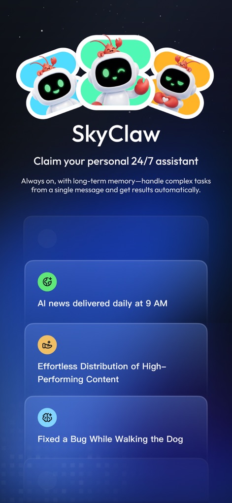 Skywork - Esta tela apresenta o SkyClaw, um "assistente pessoal 24/7" ilustrado por três robôs de IA estilizados, capaz de gerenciar tarefas complexas com funcionalidades como "AI news delivered daily" e "Effortless Distribution of High-Performing Content".