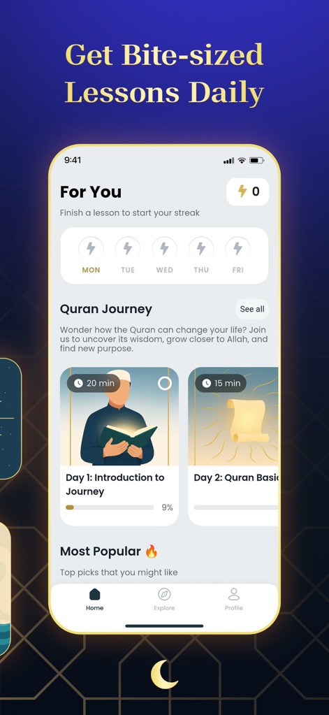 AyahPath Daily: Learn Quran - Users can easily navigate their learning path with the 'Quran Journey' section, featuring structured daily lessons and a clear visual display of their weekly progress streak.