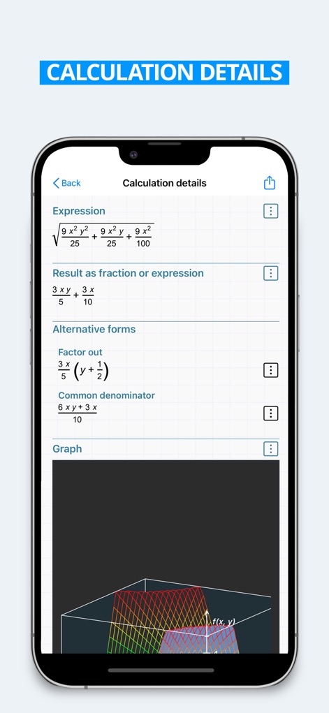 HiPER Scientific Calculator - Esta visualização aprofunda a análise dos resultados, mostrando formas alternativas de uma expressão (como a fatoração de uma equação) e um gráfico 3D correspondente à função.