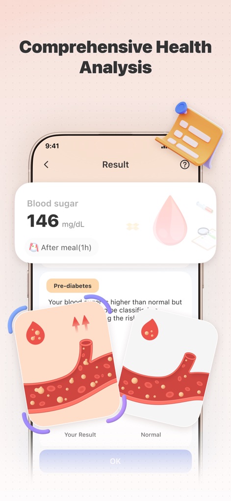 Health Partner: Pulse & Sugar - This app provides a detailed breakdown of blood sugar levels, showing a "146 mg/dL" reading and a clear visual comparison between "Your Result" and "Normal" physiological states.