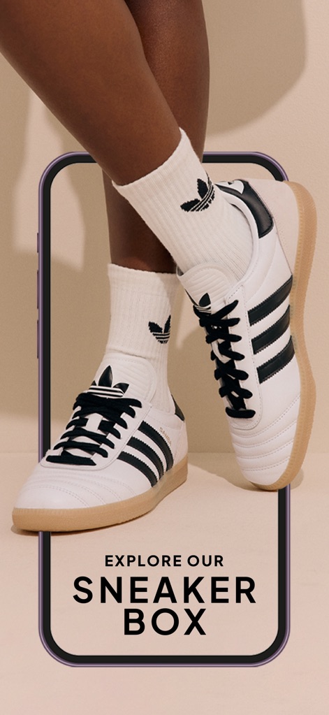 Superbalist | Fashion App - Users can explore the dedicated 'SNEAKER BOX' feature, offering a curated selection of sought-after footwear, exemplified by the prominent Adidas sneakers.