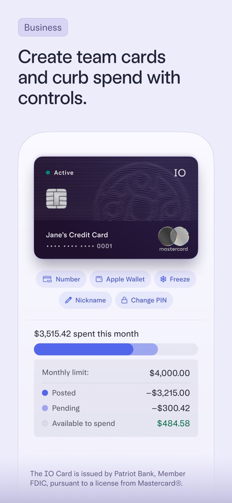 Mercury | Bank Differently - The app offers robust control over spending, featuring a clear "virtual card display" and a detailed "monthly limit tracker" to manage team expenses.