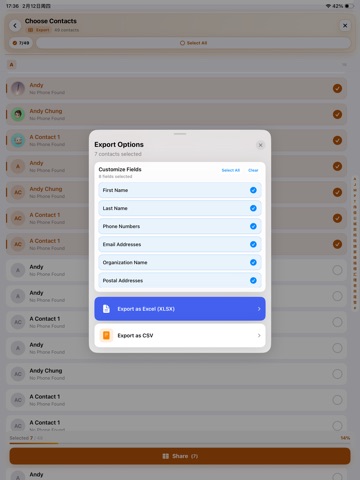 Export Contacts To CSV Excel iPad screenshot