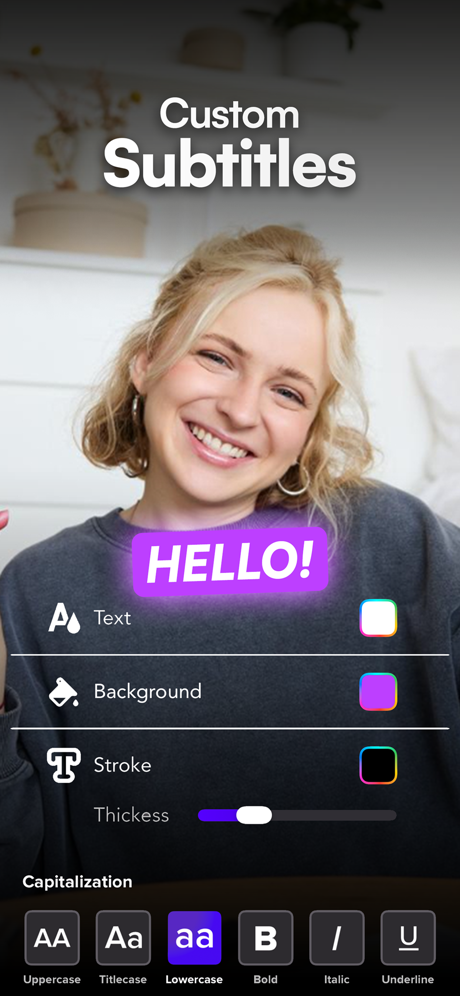 AI Captions custom subtitles editor with text styling controls