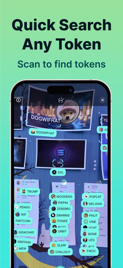 Jupiter Mobile - Solana Wallet - This interface allows for quick token discovery through a visual array of various memecoin bubbles, including prominent ones like "DOGWIFHAT" and "SOL".