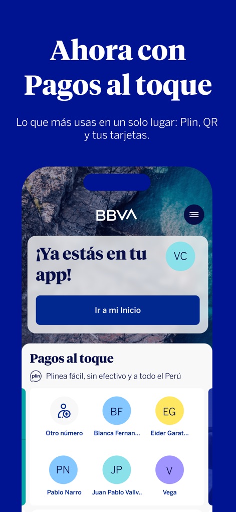 BBVA Perú | Banca Móvil - Plinによる「Pagos al toque」の連絡先リストと、「Ir a mi Inicio」ボタンが表示されており、頻繁に利用する決済手段への迅速なアクセスを提供します。