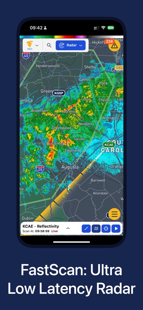WeatherWise.app - Experience ultra low-latency radar data through the FastScan feature, visually represented by the dynamic radar scan path.