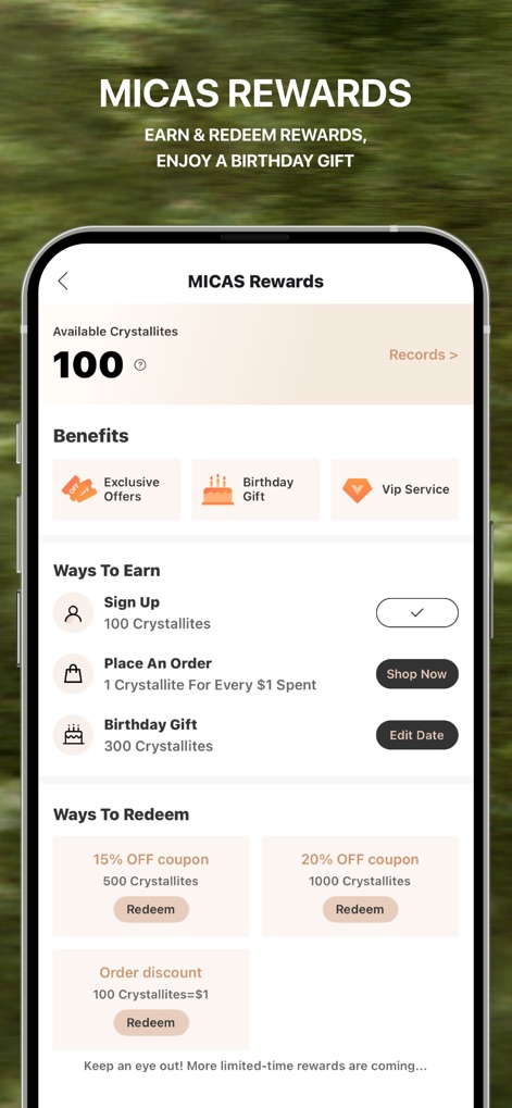 MICAS - Shop Women's Fashion - ユーザーはサインアップや注文でCrystallitesを獲得でき、誕生日プレゼントとして特別な特典を受け取ったり、獲得したCrystallitesを割引クーポンに交換したりできます。