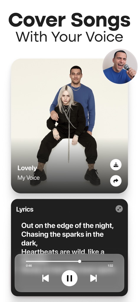 MyTunes : AI Music Generator - Users can effortlessly create AI vocal covers, with a dedicated interface for song selection and a clear display of integrated lyrics and playback controls.