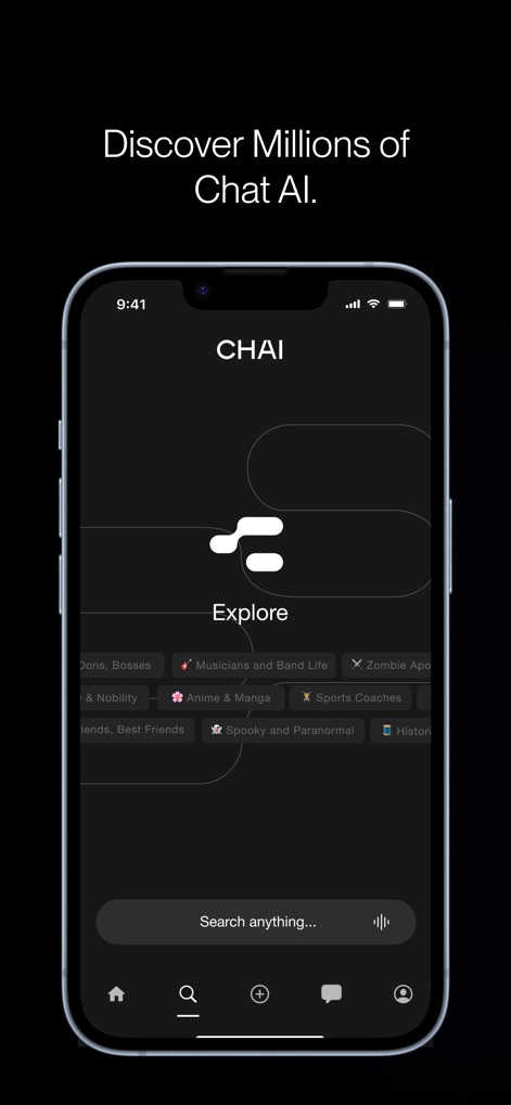 CHAI: Social AI Platform- Chat - ユーザーは「Discover Millions of Chat AI.」のメッセージが示す通り、このアプリの「Explore」セクションにある多様なカテゴリを通じて、興味に合わせたAIキャラクターを簡単に発見できます。