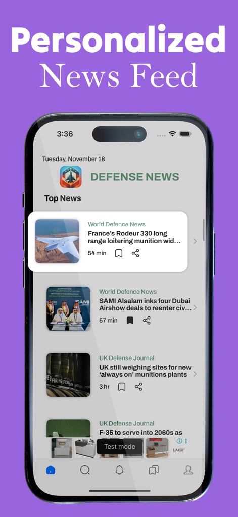 Defense & Military News - 이 앱은 사용자에게 개인화된 국방 뉴스 요약을 제공하며, 깔끔한 카드형 디자인과 직관적인 하단 내비게이션 바를 통해 효율적인 정보 탐색을 지원합니다.