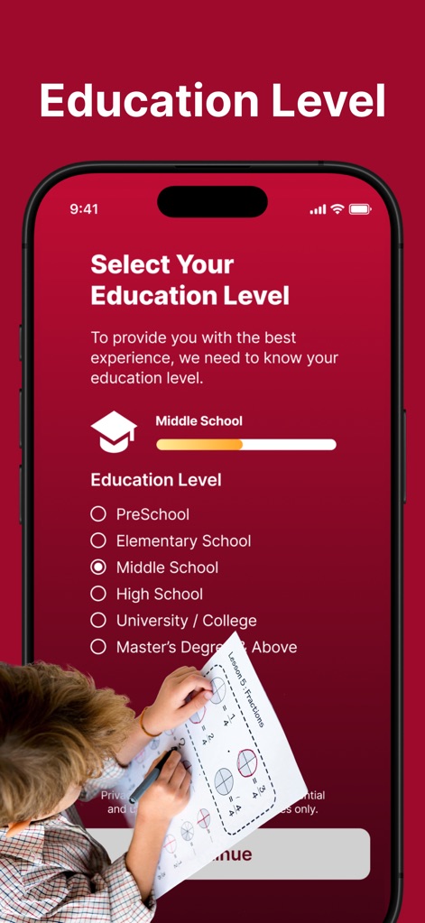 FastMath - Take Photo & Solve - Users can customize their experience by selecting an 'Education Level,' ensuring content is appropriate for Middle School through University studies.