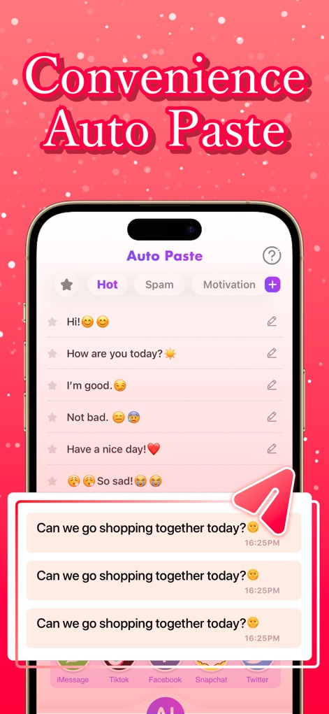 ViVi Keyboard: Theme & Chatbot - Gagnez du temps avec la fonction "Auto Paste" qui propose des réponses rapides et intelligentes, organisées par catégories telles que "Hot" et "Motivation", pour une communication fluide.