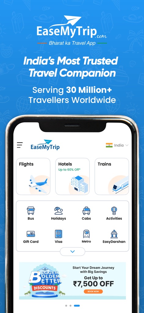 EaseMyTrip Flight, Hotel, Bus - Discover how the app presents a comprehensive dashboard with quick access to services like Flights and Hotels, alongside prominent discount promotions.