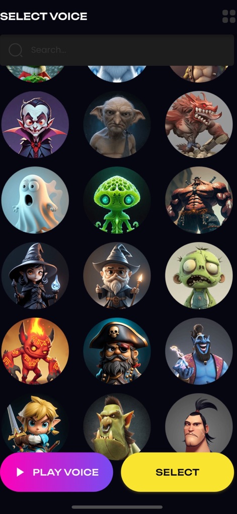Funny Voice Changer: AI Effect - O aplicativo disponibiliza uma diversidade de vozes inspiradas em personagens fantásticos, auxiliando a busca com uma barra de pesquisa e permitindo a seleção através dos botões 'PLAY VOICE' e 'SELECT'.