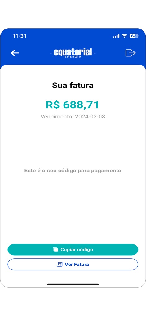 Equatorial Energia - Esta vista presenta el monto total de la factura 'R$ 688,71' y ofrece dos acciones directas: 'Copiar código' para el pago y 'Ver Fatura' para revisar el documento completo.