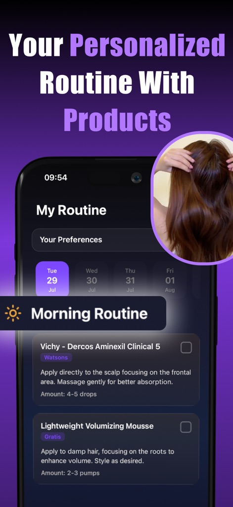 AI Hair Style&Care - HairMaxx - The app curates a 'Morning Routine' with specific product recommendations, including 'Vichy - Dercos Aminexil Clinical 5' and Lightweight Volumizing Mousse, for a personalized regimen.
