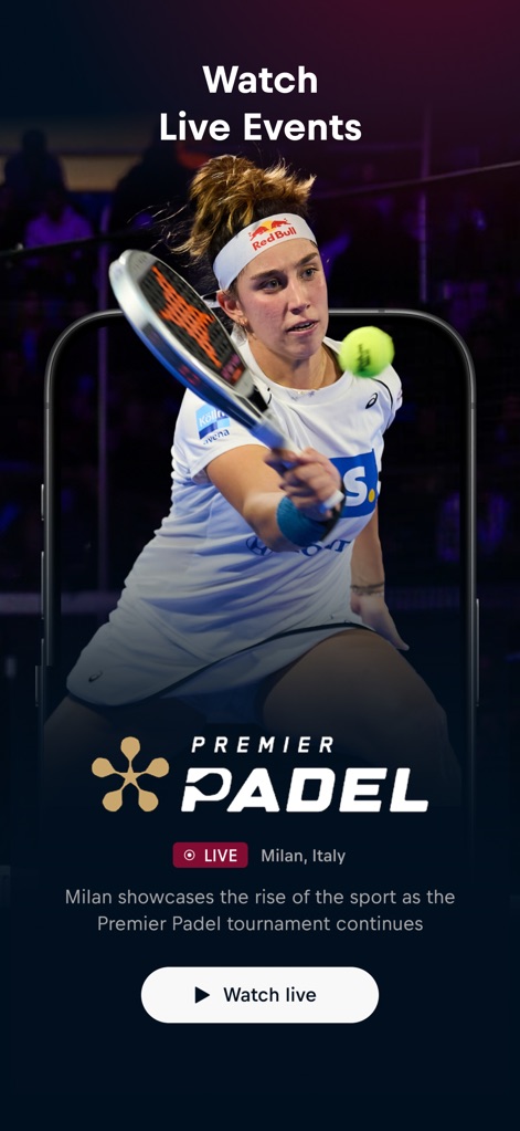 Red Bull TV: Watch Live Events - Witness the app's seamless live event streaming, featuring a clear 'LIVE' indicator for ongoing events like 'Premier Padel' and a direct 'Watch live' button for instant engagement.