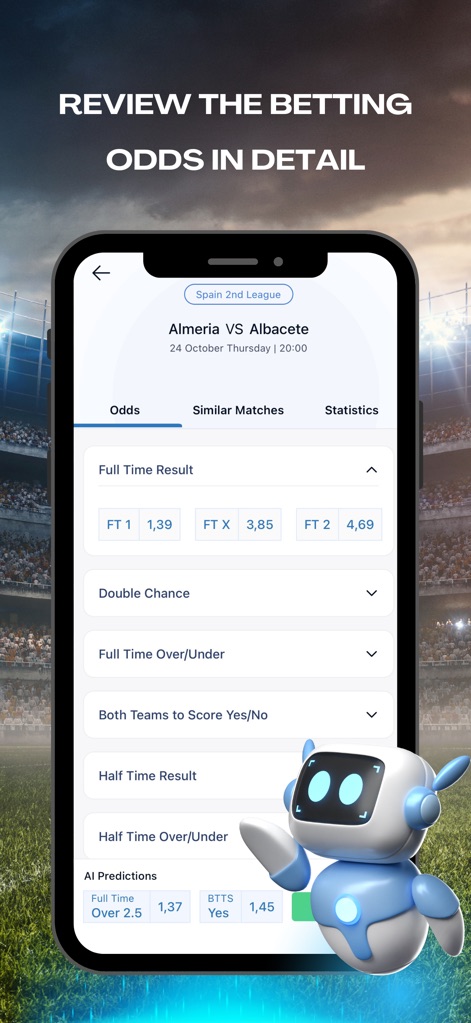 TipsPro AI: Match Prediction - Cet outil offre une vue approfondie des cotes de paris pour un match donné, permettant aux utilisateurs d'analyser les résultats potentiels comme le "Full Time Result" et les options "Double Chance".