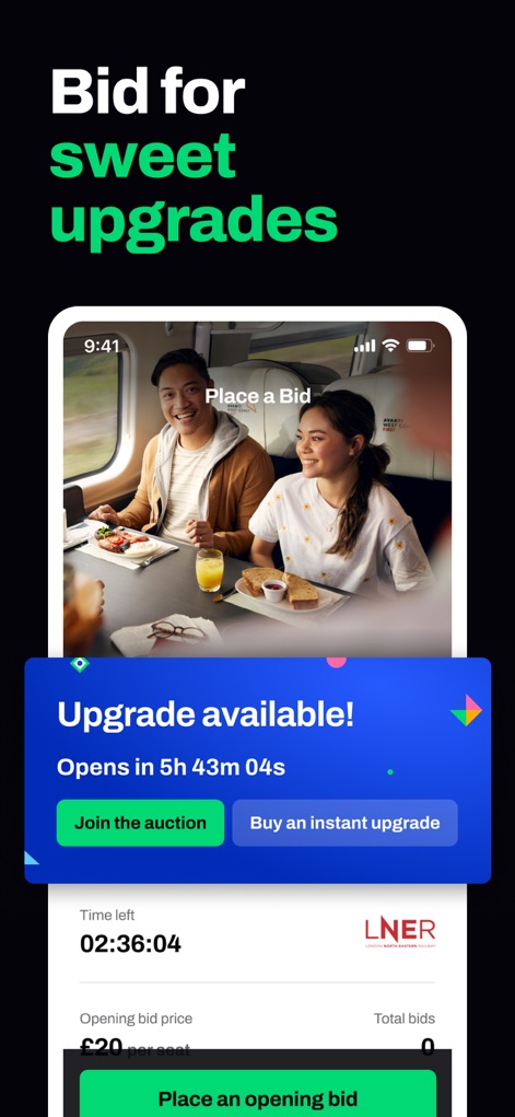 Seatfrog: Rail Journey Planner - Les utilisateurs peuvent interagir avec l'option "Place a Bid" et voir le bouton "Join the auction".