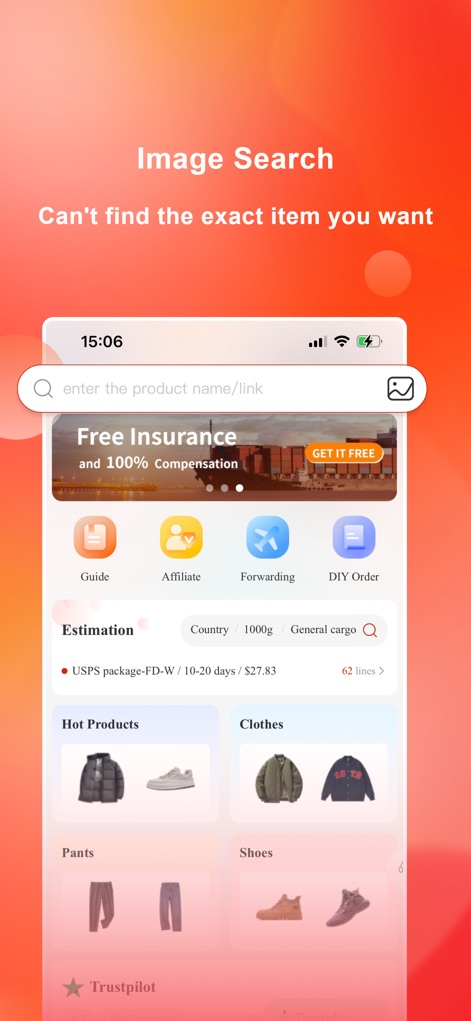 CNFans - Diese Ansicht demonstriert die intuitive Suchleiste, über die Nutzer Produkte per 'product name/link' finden, und zeigt zugleich den übersichtlichen Aufbau des Startbildschirms für eine einfache Navigation.
