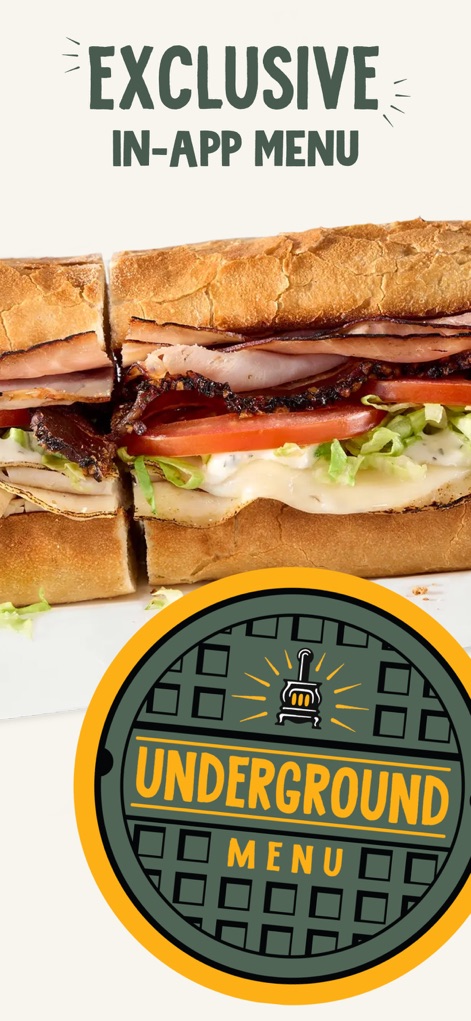 Potbelly Sandwich Works - This visual highlights the 'Exclusive In-App Menu' with its distinctive 'Underground Menu' logo, inviting users to explore unique or special offerings.
