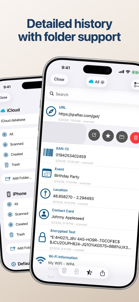 Qrafter: QR Code Reader - Examine the app's robust history management, featuring organized folder support for codes and seamless iCloud synchronization across devices.