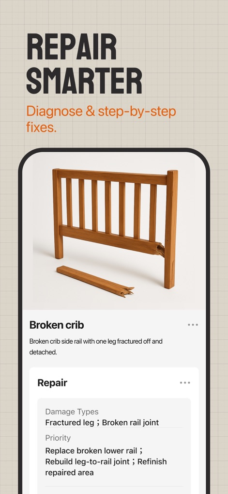 WoodSense: Craft & Identifier - La aplicación diagnostica daños específicos, como una pata fracturada, y ofrece una lista priorizada de reparaciones para guiar eficientemente al usuario.