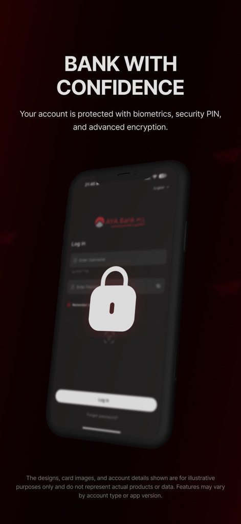 AYA Mobile Banking - Die App gewährleistet hohe Sicherheit für Bankgeschäfte, wie durch den prominent platzierten Vorhängeschloss-Icon auf dem Login-Bildschirm betont wird, und schützt Konten mittels Biometrie- und PIN-Authentifizierung.