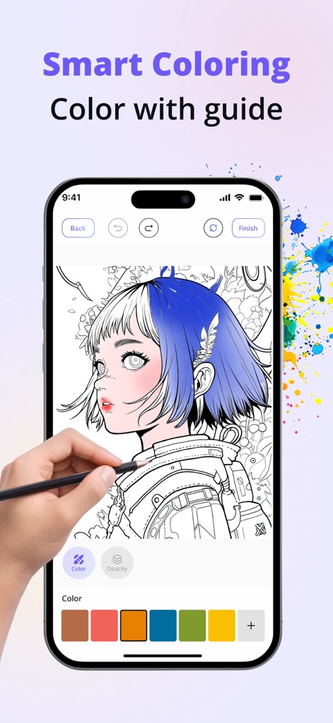 Trace Drawing App - Sketchify - El titular "Smart Coloring Color with guide" guía a los usuarios, mostrando una mano utilizando un lápiz táctil para colorear un dibujo de un personaje y la barra de paleta de colores en la parte inferior, haciendo el proceso interactivo y sencillo.