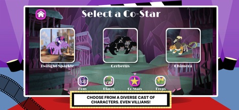 My Little Pony: Story Creator - Users can expand their stories by selecting from a diverse cast of co-stars, including fan favorites like Twilight Sparkle or formidable creatures such as Cerberus, to enrich their narratives.