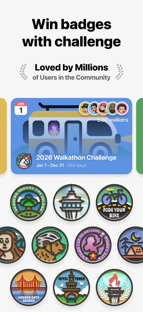 GrowPal: Health & Fitness - The app motivates engagement with global challenges like the '2026 Walkathon Challenge' and rewards progress with a collection of unique digital badges.