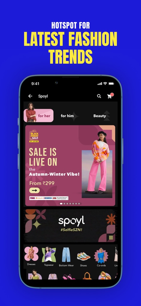 Flipkart - Online Shopping App - Der Spoyl-Bereich zeigt die neuesten Modetrends für Gen Z, präsentiert durch getrennte Kategorien für "for her" und ansprechende "Autumn-Winter Vibe!" Sale-Angebote.