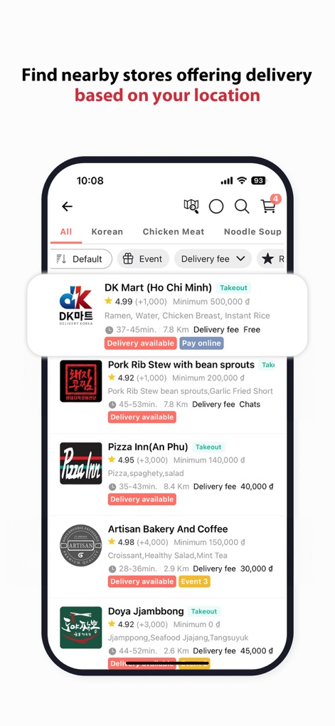 DELIVERY K - This tool allows users to find nearby stores with location-based search and filter options, presenting essential details like ratings and delivery fees for each establishment.