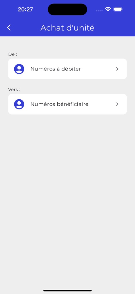 WalliSend - This screen streamlines airtime purchases by providing dedicated input fields for both the debiting number and the beneficiary's number, simplifying the transaction process.