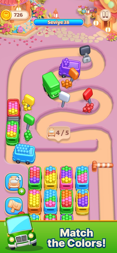 Color Bus Trip - This tool showcases the satisfying color logic with a vibrant pink environment and the clear "Seviye 38" level indicator, highlighting the progression.