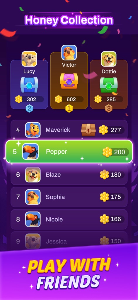 Hexout - Color Hexa Puzzle - The app displays the "Honey Collection" leaderboard with various player avatars and scores, highlighting the competitive ranking system and social interaction opportunities.