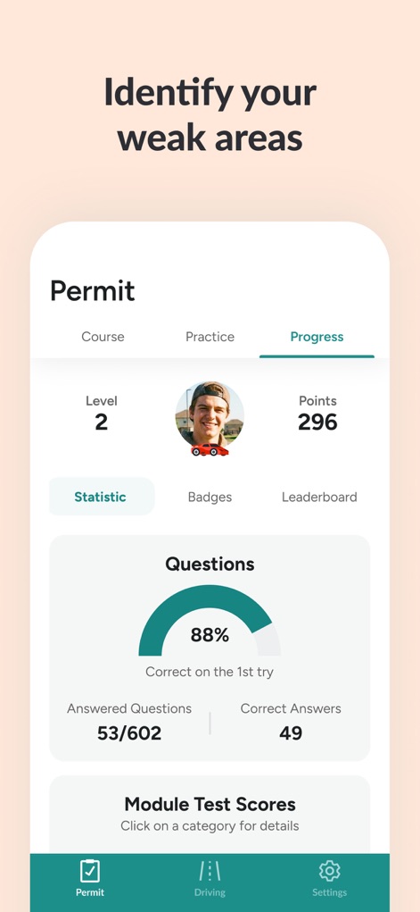Zutobi: Permit & Driving Prep - The app provides detailed statistics, including a percentage breakdown of correct answers and an overview of module test scores to pinpoint areas for improvement.
