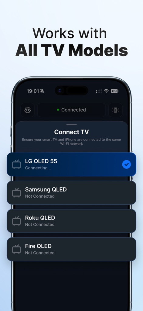 Screen Mirroring · TV Cast - L'application assure une large compatibilité, affichant clairement la connexion en cours avec un 'LG OLED 55' et la détection d'autres 'Smart TV' populaires comme Samsung et Roku.
