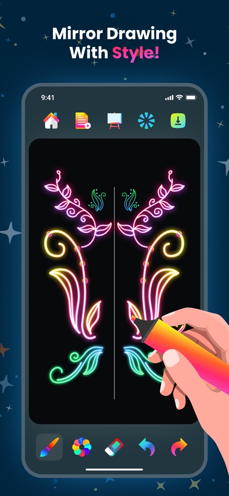 Doodle Magic: Glow Art Drawing - La funcionalidad de dibujo en espejo permite a los artistas crear formas simétricas con facilidad, como se ve en los elementos florales brillantes y el patrón perfectamente reflejado.