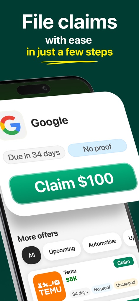 ClaimHunt – Claim Settlement - This tool simplifies the claim process, prominently featuring a 'Claim $100' button and organizing additional opportunities within the 'More offers' section.