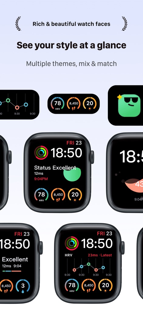 RelaxWatch: Stress&HRV Tracker - このアプリは、ユーザーが選択できる多彩なテーマのApple Watchフェイスを提供し、HRVや活動量など複数の重要なデータを表示するコンプリケーションで情報を手元で確認できます。