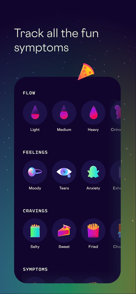 Stardust Period Tracker - Users can easily log various experiences through intuitive icons for flow intensity and categorized feelings, cravings, and symptoms.