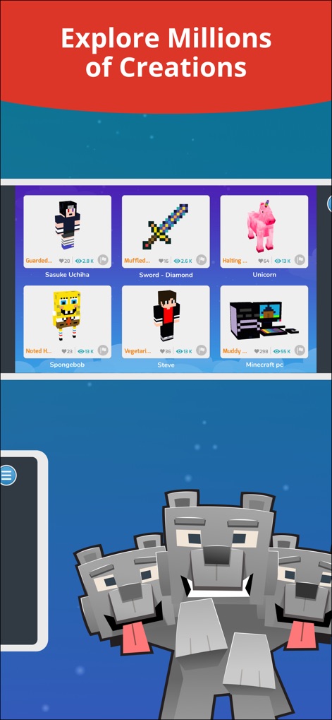 Tynker: Coding for Kids - Une vaste galerie présente des millions de créations générées par les utilisateurs, allant des skins de personnages comme "Sasuke Uchiha" aux objets uniques tels que "Sword - Diamond", inspirant de nouvelles idées.